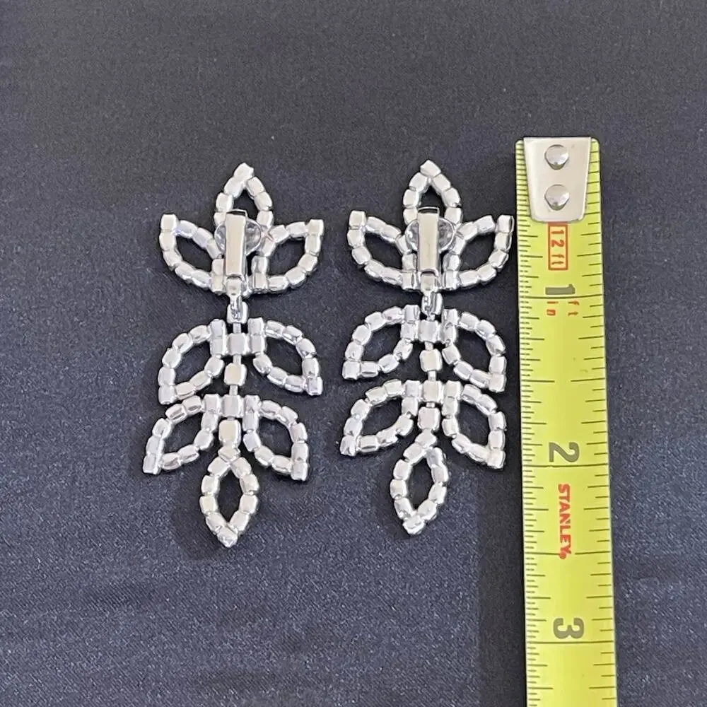Vtg Style Clear Rhinestone Leaf Drop Openwork Clip Earrings Bridal Formal